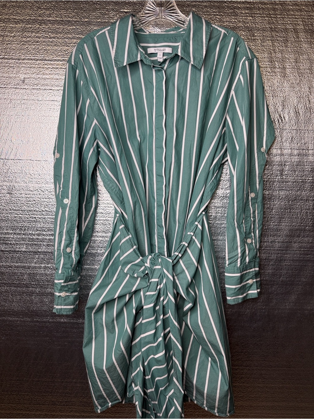 Derek Lam Green and White Vertical-Stripe Long Sleeve Tie-Waist Dress